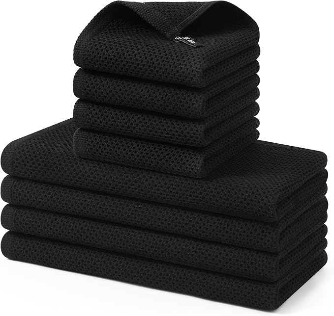 Kitinjoy 100% Cotton Kitchen Towels and Dishcloths Set, 8 Pack-13" x 28" and 12" x 12" Waffle Weave Dish Towels, Ultra Soft Absorbent Quick Drying Dish Rags, Black