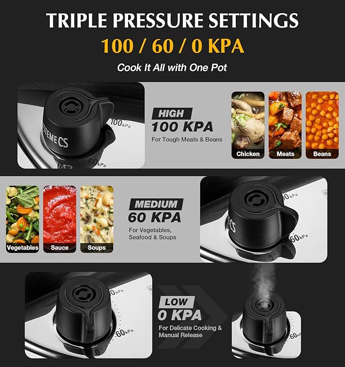 KOCH SYSTEME CS Stainless Steel Pressure Cooker 10.5 Quart, 3-in-1 Olla de Presion, One-Hand Locking, 3 PSI Settings Stovetop Pressure Pot, Induction Pressure Cooker, Glass Lid & Steamer, 10.5QT