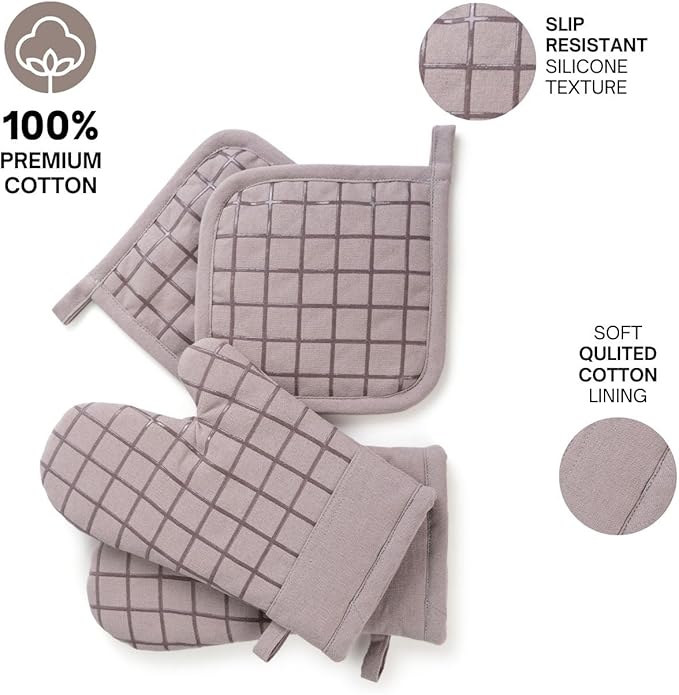 Oven Mitts and Pot Holders Set for Kitchen | 4 Pc Set| Heat Resistant Up to 500°F | Non-Slip Silicone Strips | Grey Kitchen Accessories | Includes 2 Hot Pads & 2 Cooking Mitts