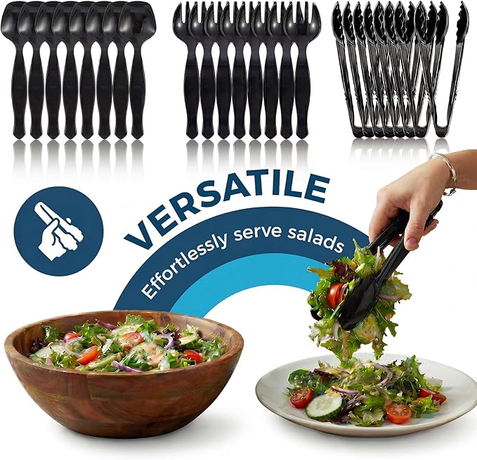 36 Pcs Disposable Serving Utensils Set - 9 Inch Black Tongs, Forks, Spoons for Restaurants, Catering, Party Supplies, Buffet, Wedding, Picnic