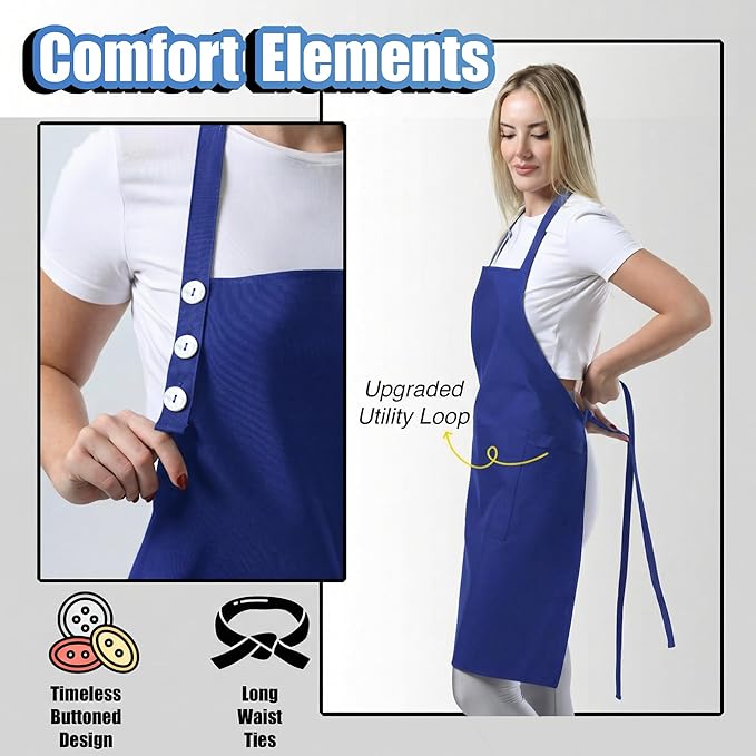 TOSHE Kitchen Apron Waterdrop Resistant Cotton Apron with adjustable Aprons for Women with Pockets 10 Color option Cooking Blue Apron (Navy Blue)