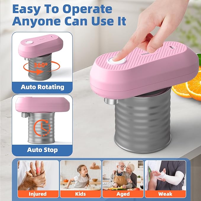 Auto Electric Can Opener, Rechargeable Can Openers for Seniors & Arthritis, One-Touch Automatic Can Opener, Hands-Free, Smooth Edge, Compact,Small - Auto Stop，Pink