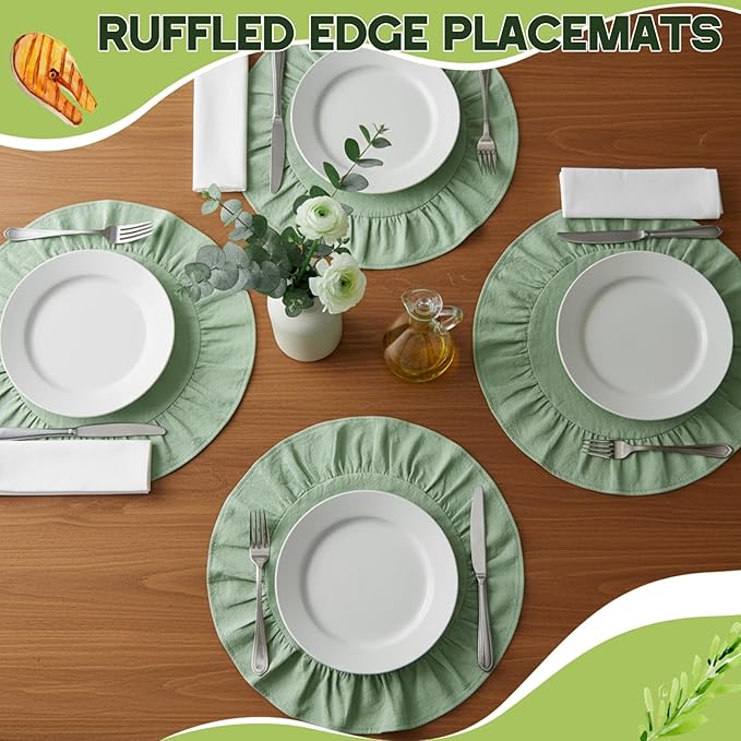 4 Pcs 15 Inch 100% Cotton Scalloped Round Placemats, Thin Light Green Place Mats with Ruffle, Washable Placemats Table Mats for Kitchen Dining Holiday Gatherings Decor