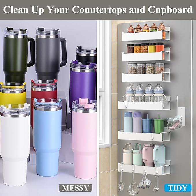 HuggieGems Magnetic Water Bottle Holder for Refrigerator, Cup Holder Organizer for Stanley and Tumbler for Kitchen, 6 Pack, White