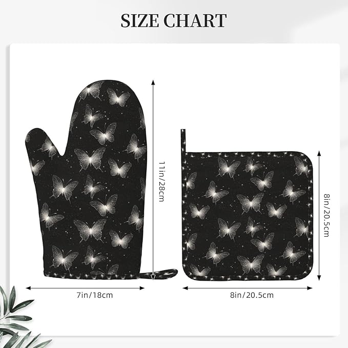 Oven Mitts and Pot Holders Black White Butterfly Silicone Kitchen Accessories Set of 2 Heat Resistant Long Gloves Potholder Non-Slip Grip for Chef Cooking,Baking,Grilling,BBQ