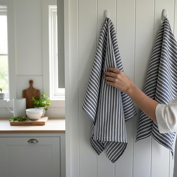 Eight Owls Stonewashed Linen Kitchen Dish Towels - 20 x 27 inch – 100% Pure Linen Tea Towel/Hand Towel - Set of 2 (Navy Stripe)
