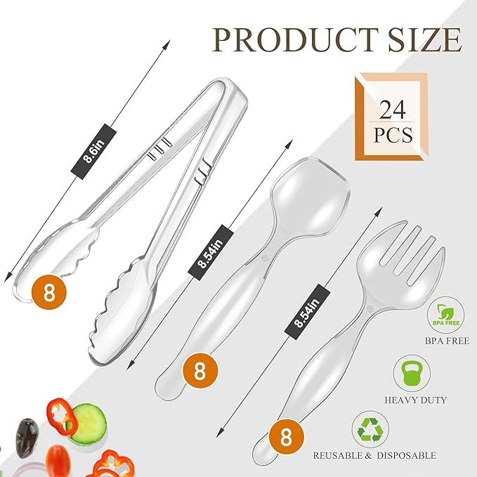 Mwellewm 24Pcs Plastic Serving Utensils Disposable Serving Spoons for Buffet Clear Forks Serving Tongs 8.5''Heavy Duty Large Party Utensils Supplies for Restaurant Food Dinner Salad Noodles Soup