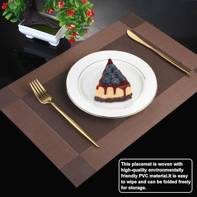 DACHUI Placemats, Heat-Resistant Placemats Stain Resistant Anti-Skid Washable PVC Table Mats Woven Vinyl (8pcs, Brown-Cross)