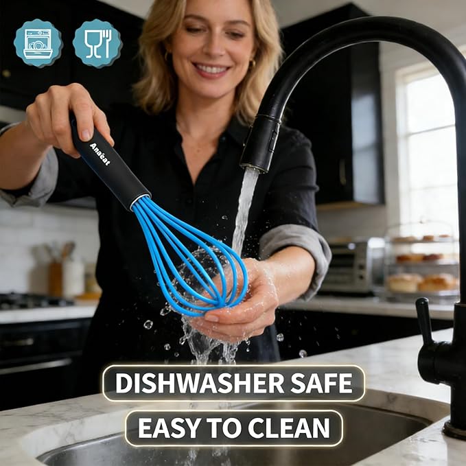 Anaeat Silicone Kitchen Whisk Set of 4, Perfect for Non-Stick Cookware, Milk and Egg Beater Blender for Whisking, Cooking, Baking, Beating - 11'' Flat Whisk and 9''+11''+12'' Balloon Whisks (Blue)