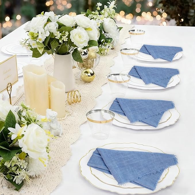 Cotton Blend Fringe Cloth Napkins - Crinkle Gauze Dinner Napkins, Reusable & Washable Table Napkins, 17" x 17" (43 x 43 cm), Multiple Colors, 12/24/48/100 Pack (12, Blue)