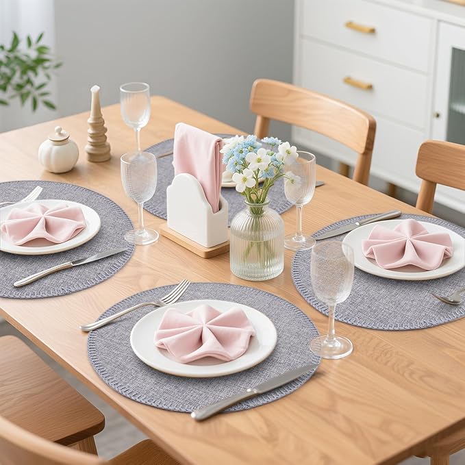 Round Placemats Set of 6, 15 Inch Linen Fabric Table Placemats, Heat Resistant, Wrinkle Free Washable Placemats Kitchen Place Mats Set of 6 for Dining Table Party Table (Light Grey, 6)