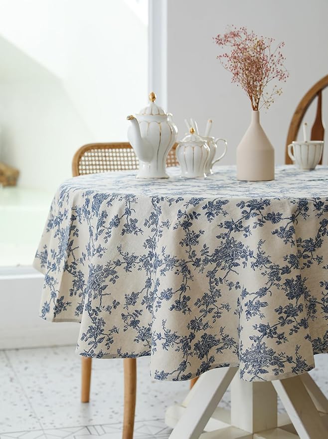 YiHomer Pastoral Round Tablecloth - 48 Inch Dia. Table Cloth - Washable Table Cover with Dust-Proof Wrinkle Resistant for Restaurant, Picnic, Indoor and Outdoor Dining, Floral (Dark Blue)