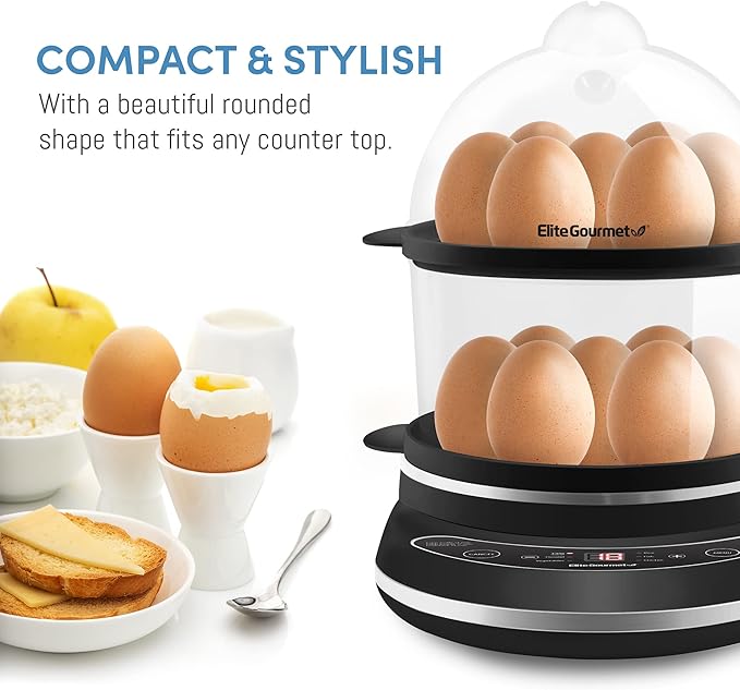 Elite Gourmet EGC314CB Digital Easy Egg Cooker Food Steamer, Poacher, Omelet, Soft, Medium, Hard-Boiled Egg with 6 Programmed Preset Functions, 2-Tiers, Measuring Cup, 14 egg capacity, Black