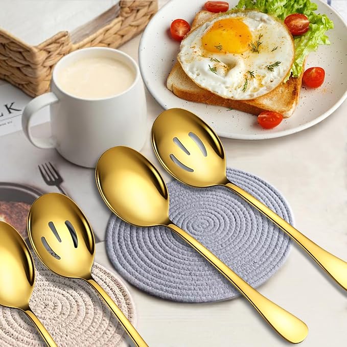 Stainless Steel Serving Spoons Set, 6pc, 10-Inch, Includes 3 Large, 3 Slotted, for Parties/Kitchen/Buffet/Catering, Dishwasher Safe, Gold