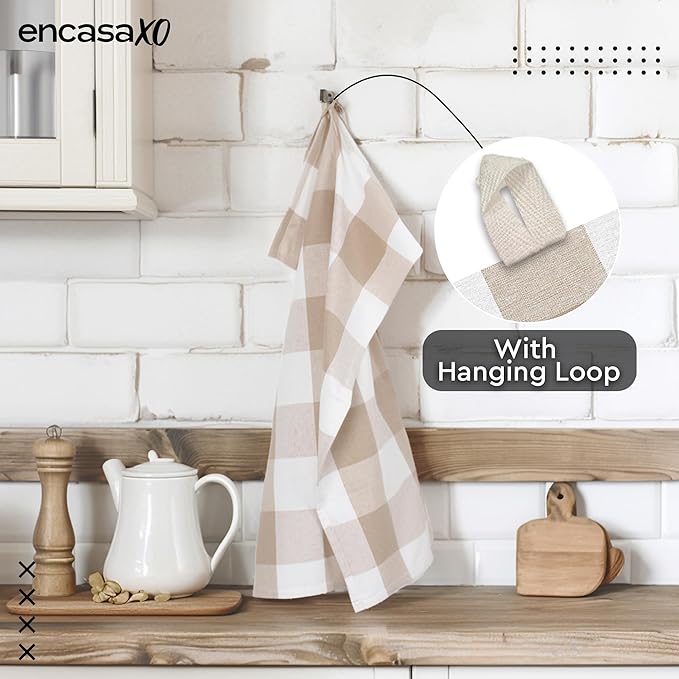 Encasa XO Cotton Kitchen Towel Set | Hand and Tea Cloth for Cleaning & Quick Drying, X-Large 28"x18" (Pack of 4) Highly Absorbent - Buffalo Beige Checks