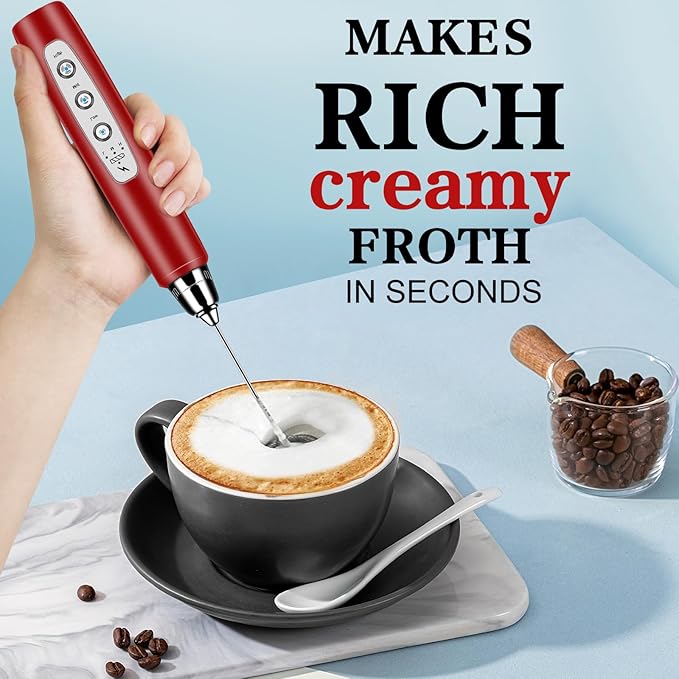BSRGMS Milk Frother Handheld for Coffee, Electric Whisk 3 Speed Adjustable, Drink Mixer with Stainless 3 Whisks, Rechargeable Hand Frother Wand, Foam Maker for Latte Cappuccino Hot Chocolate Egg Red