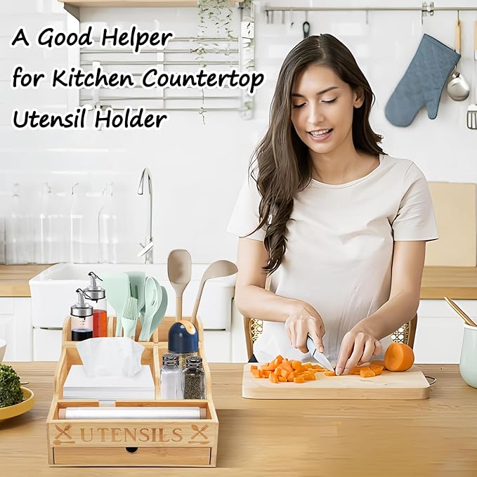 Large Kitchen Utensil Holder with Drawer Organizer, 11 Compartment Bamboo Silverware Organizer for Countertop, Cutlery Tray with Dividers for Flatware Spoon Forks Knives Cooking Tool