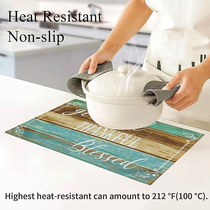 Farmhouse Table Placemats Set of 8 Place Mats Linen Wipeable Heat Resistant Placemats Washable Fabric Waterproof Rectangle Table Mat for Kitchen Dining Dinner 18 X 12 Inch, Retro