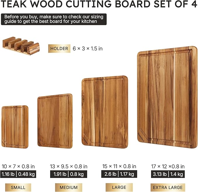 4 Pack Teak Wood Cutting Board Set for Kitchen Heavy Duty Non Toxic Non Slip Solid Thick Wood Haus Chopping Board Extra Large Big Small Meat Best Non Toxic Kitchen Essential House Warming Hostess Gift