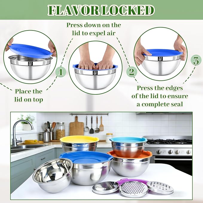 8PCS Mixing Bowls with Lids Set - 5 Nesting Mixing Bowls, 3 Grater Attachments, Lids, Stainless Steel Mixing Bowls for Mixing & Serving, Size 1.5/2.1/3.5/4/4.5 QT, Colorful