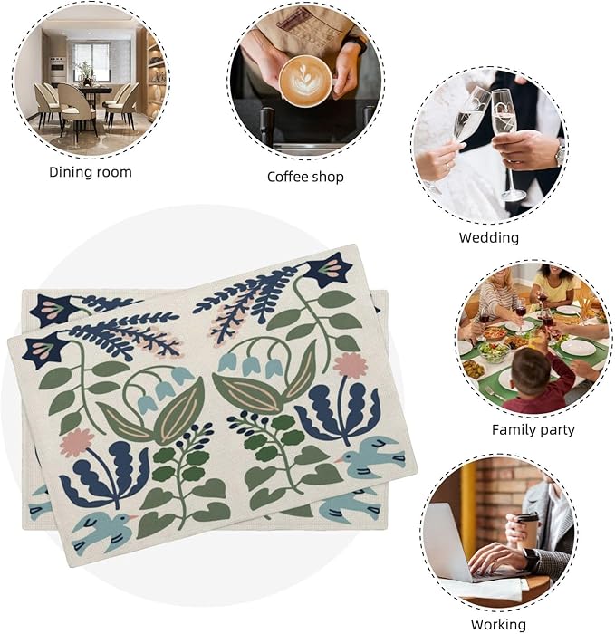 Boho Placemats Set of 4 Navy Blue Sage Green Vintage Floral Decor Place Mats 12x18 Inch Flower Spring Summer Seasonal Farmhouse Decoration Linen Table Mats for Home Kitchen Dining Party Table