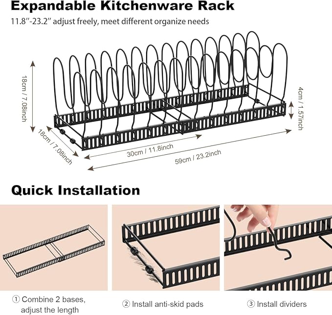 Housolution 2 Pack Pot and Pan Organizer with 14 Adjustable Dividers, 12"-23" Expandable Food Container Lid organizer Compatible with Tupperware, Pan Lid Holder Storage Rack for Cabinet, Black