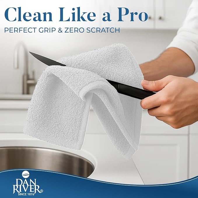 DAN RIVER Kitchen Bar Mops,Pack of 12,16 by 19 Inches,100% Cotton Super Absorbent,Multi-Purpose Cleaning Towels for Home and Kitchen Bars-White