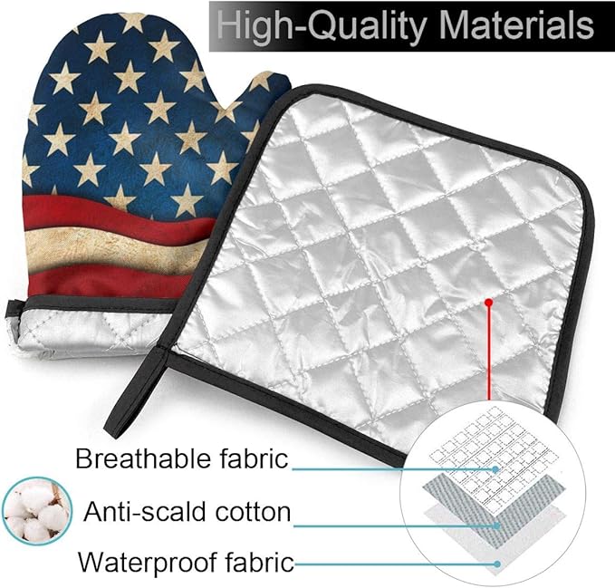 Retro American Flag Oven Mitts and Pot Holders Sets Heat Resistant Kitchen Oven Gloves Non-Slip for Safe BBQ Cooking Baking Grilling Set of 2