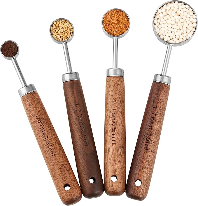 Smithcraft Measuring Cups and Spoons Set 8, 18/8 Stainless Steel Measuring Cups and Spoons Set for Baking and Kitchen, Metric & US Metal Measure Cup & Spoon with Wood Handle for Dry & Liquid