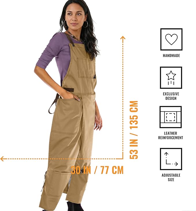 Under NY Sky Pottery Beige Apron - Full Cover Cross-Back, Professional Twill, Leather Reinforcement, Overlapping Split-Leg - Adjustable for Men, Women - Pottery Artist, Ceramics