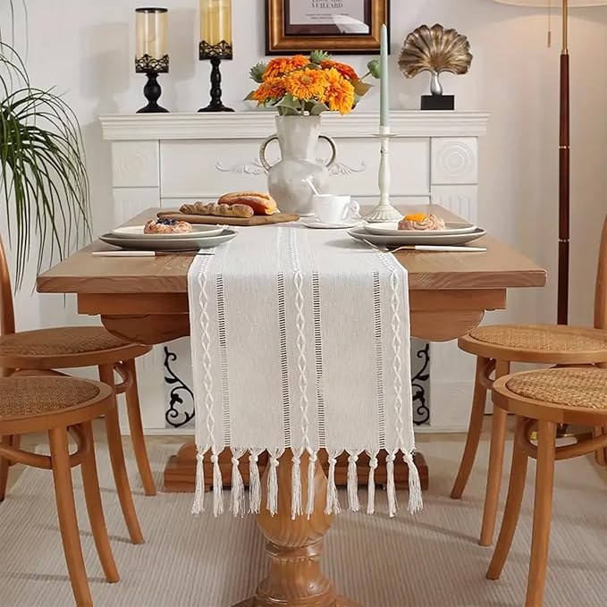Niviy White Table Runners 90 Inches Long with Tassels, Ivory Embroidered Table Runner Farmhouse Rustic Linen Runners for Dresser Scarf Home Decor (White, 12"×90")
