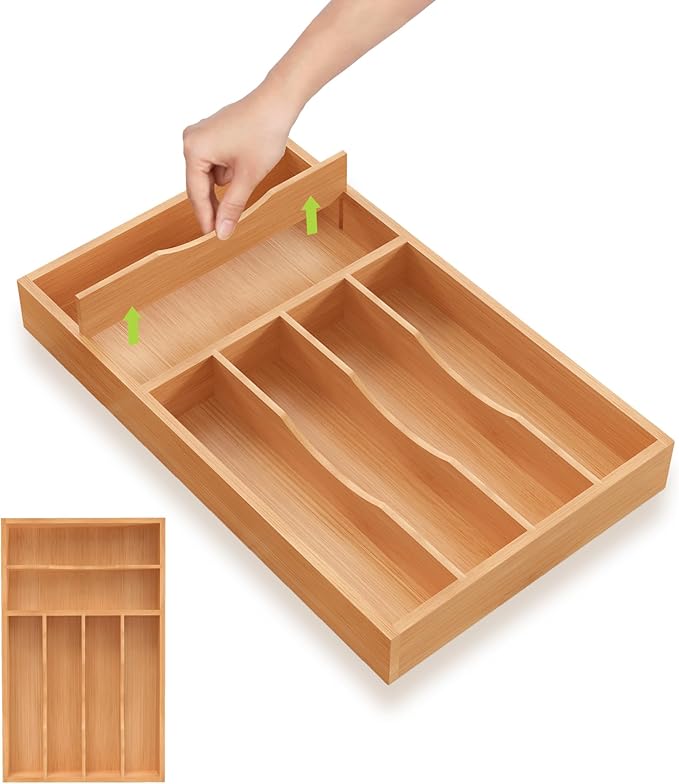 Unibambou Bamboo Utensil Drawer Organizer with Removable Dividers, Kitchen Organizer for Flatware Cutlery, Silverware Tray for Drawer (6/5 Flexible Slots, Natural)