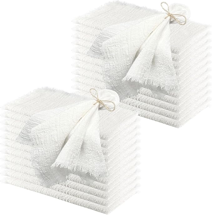 24Pack White Cloth Napkins 17x17Inch White Napkins Cloth with Fringe Soft Cotton Cloth Napkins Washable Rustic Dinner Napkins Cloth for Wedding Party Dinner Table