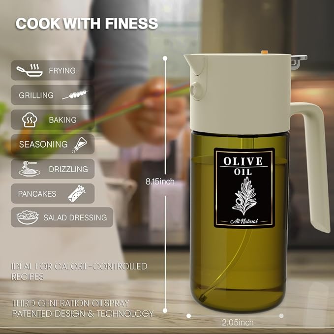 2-IN-1 500ml/17oz Light-Blocking Dark Oil Sprayer for Cooking W/ Stickers, Dark Green Glass Olive Oil Dispenser Bottle for Kitchen, Even Spray with Portion Control, Perfect for Air Fryer, BBQ-White