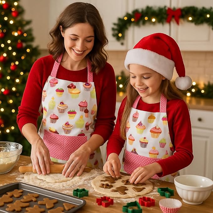 G2PLUS Apron for Women with Pockets, Extra Long Ties Cotton Apron Perfect for Kitchen Cooking, Baking and Gardening (Mama and Me Set)