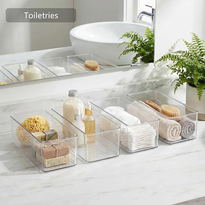 Qilinba 8 PACK Drawer Organizer Bins Bathroom Deep Drawer Organizer Tray for Cutlery Vanity Make-up, Clear Stackable Storage Bins for Kitchen Cabinet Closet Counter Organization and Storage