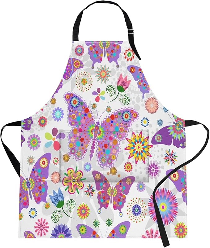 Britimes Butterfly Apron Floral Colorful Butterflies Flowers Aprons Kitchen Cooking Gardening for Women With Pockets