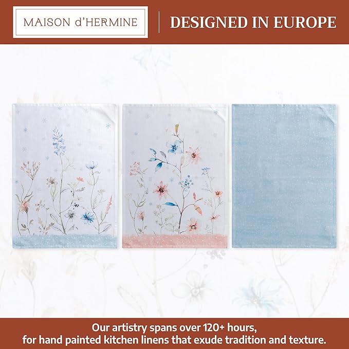 Maison d' Hermine Kitchen Towels Set of 3 100% Cotton 20" x 27.5" Reusable Cloth Tea Dish Towels Absorbent with Hanging Loop for Kitchen Dining Thanksgiving Christmas Decorations (Ice Florals)