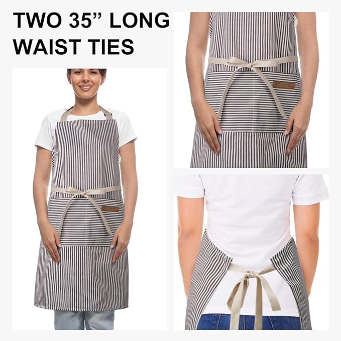 DILLMAN Kitchen Cooking Adjustable Aprons - Men Women Bib Soft Chef Stripes Apron with 2 Pockets