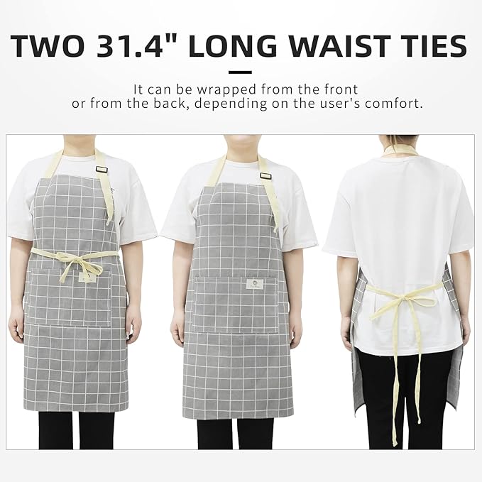 NLUS 2 Pack Kitchen Cooking Aprons, Adjustable Bib Waterproof Chef Apron with 2 Pockets for Men Women(Green Plaid/Grey Plaid)