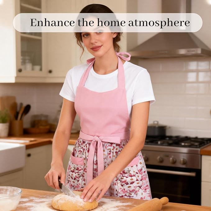 Cute Floral Aprons for Women with Pockets,Cotton Adjustable Neck Strap Apron for Kitchen Cooking Baking Gardening