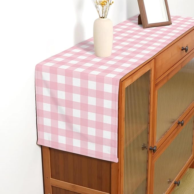 Pink Gingham Party Supplies Light Pink and White Checkered Table Runner Easter Baby Shower BBQ Picnic Home Kitchen Island Decor (Pink, 13" x 108")