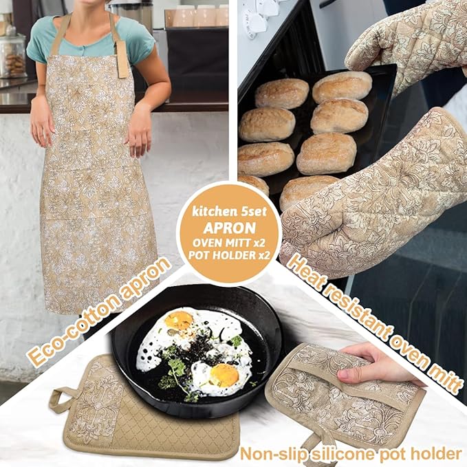 Oven Mitts and Pot Holders with Cooking Apron Set of 5, Heat Resistant Kitchen Gloves and Silicone Non-Slip Potholders, Adjustable Neck Buckle Chef Apron, Cotton Nice Design for Cooking (Tawny)