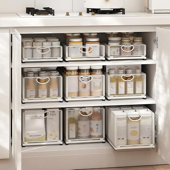 2 Pack Pull Out Cabinet Organizer, No Drill Adhesive Sliding Drawers for Kitchen, Metal Mesh Wire Storage Shelf for Pantry & Under Sink, White (9.6" W x 11.8" D x 8.4" H)