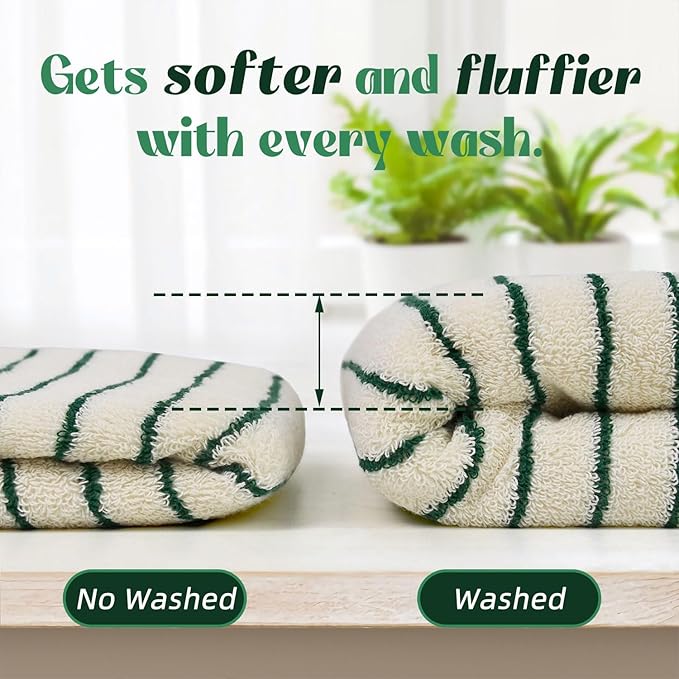 Jacquotha Green Striped Hand Towels for Kitchen, Vintage Bathroom Decor, Natural Cotton Tea Towel, 14” x 29”