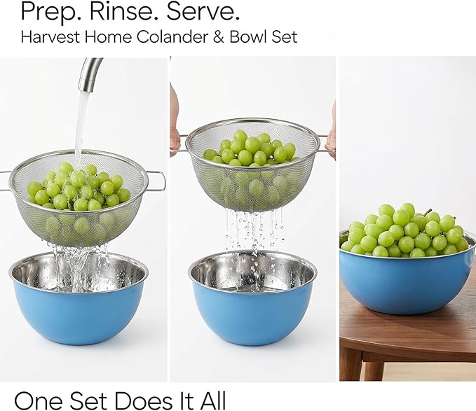 Stainless Steel Mixing Bowl and Colander Set, 3.5 Qt Rice Washer Strainer Bowl, 12"Fine Mesh Strainer with Handle for Rice, Cooked Pasta, Fruits,Versatile Kitchen Draining Set (Blue)