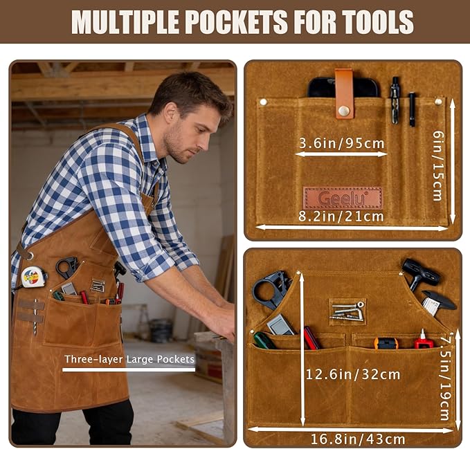 Geelu Woodworking Apron 16oz Waxed Canvas Work Aprons with 10 Tool Pockets Gifts for Woodworkers