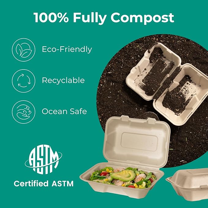 Fit Meal Prep 600 Pack 9x6 Compostable To Go Food Containers, Disposable To Go Boxes for Food, Clamshell Take Out Containers with lids, Eco Friendly Biodegradable, PFAS-Free, Bagasse, Microwave Safe