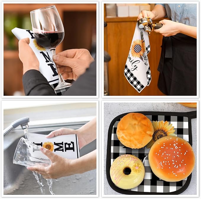 5 Pieces Buffalo Plaid Kitchen Towels Oven Mitts and Pot Holder Set Black and White Kitchen Towels Oven Gloves, Hot Pads Pot Holders for Farm House Accessories Decor(Sunflower)