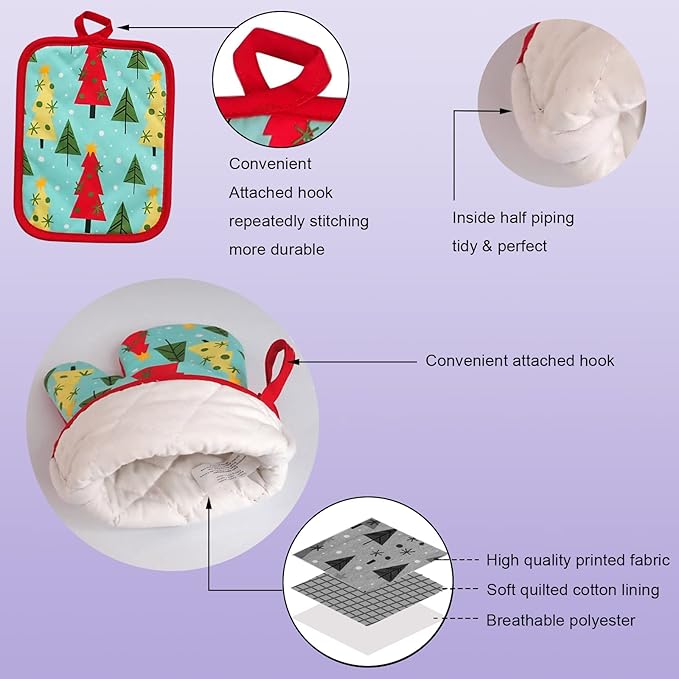 Oven Mitts and Potholders Dish Towles Set 100% Cotton for Perfect for Gifting, Baking and Everyday Cooking Durable Heat Resistant for Kitchen (5-Piece Christmas Tree)
